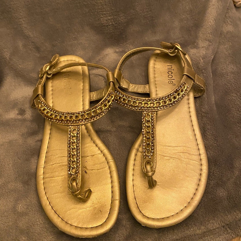 Nicole Gold Sandals with T-Strap and Rhinestones